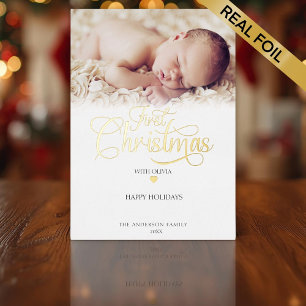 First Christmas Photo Script Heart Foil Holiday Card