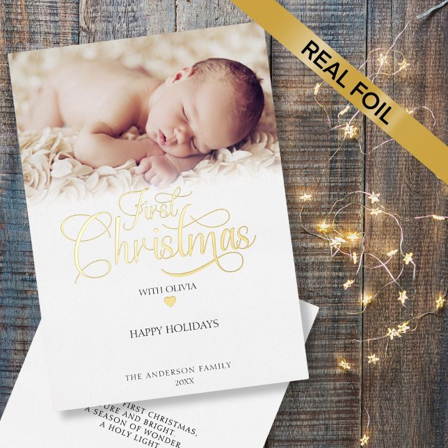 First Christmas Photo Script Heart  Foil Holiday Card (Creator Uploaded)