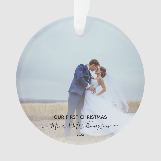 First Christmas Photo Signature Script Newlyweds Ornament (Front)
