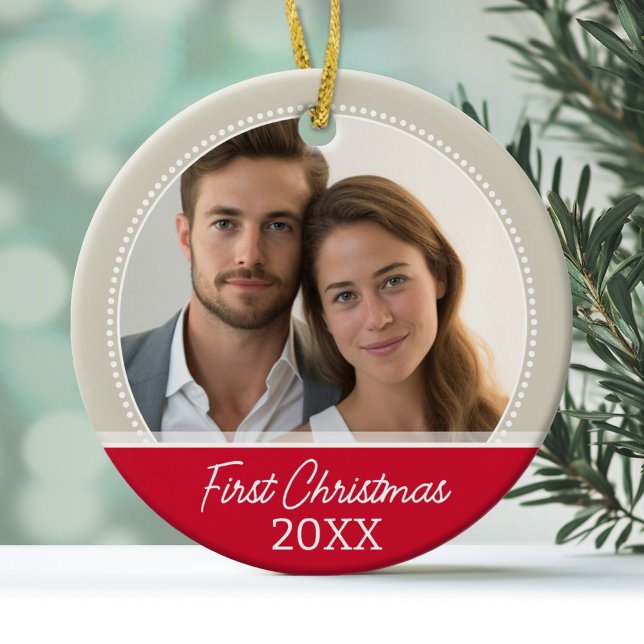 First Christmas Photo - Single Sided Ceramic Tree Decoration (Personalized Wedding Photo Ornament - First Christmas)