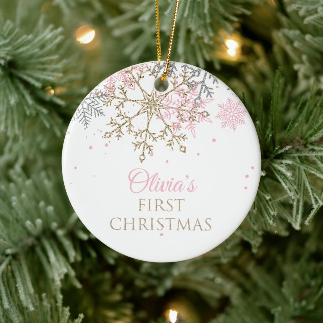 First Christmas Pink and Gold Glitter Snowflake Ceramic Ornament (Tree)