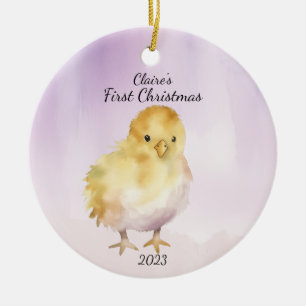 First Christmas Pink Baby Chick  Personalised Ceramic Ornament