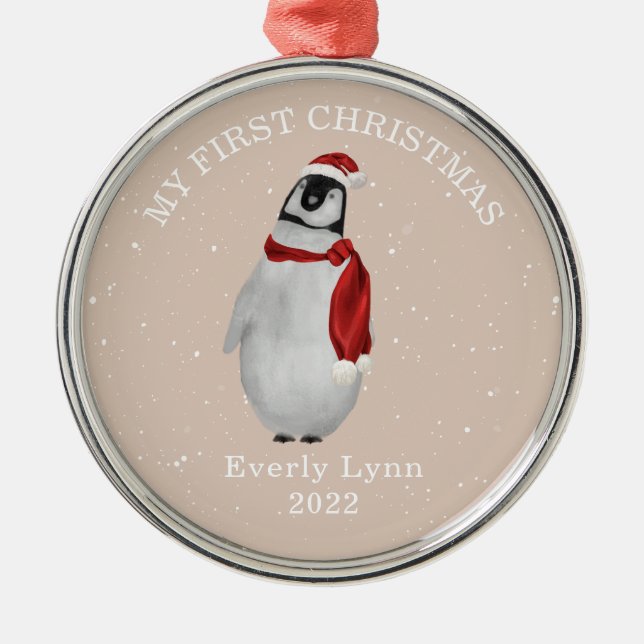 First Christmas Pink Baby Girl Penguin Snow Metal Ornament (Front)