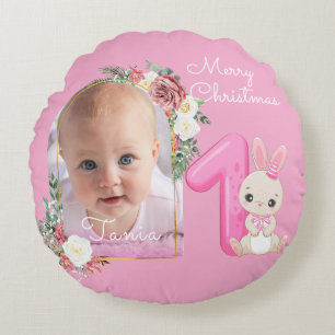 First Christmas Pink Baby Girl Photo floral Round Cushion