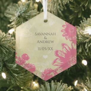 First Christmas Pink Blue Gerber Daisy Christmas Glass Tree Decoration