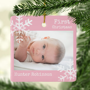 First Christmas Pink Custom Photo with Snowflakes Ceramic Ornament
