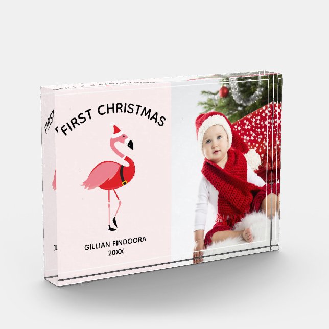First Christmas Pink Flamingo Santa Photo Block (Left)