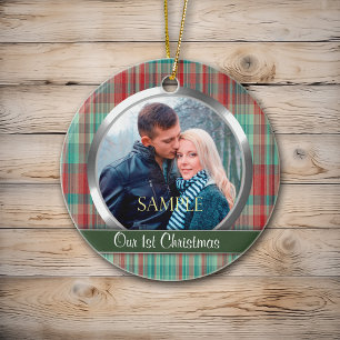 First Christmas Plaid Photo Template Ceramic Ornament