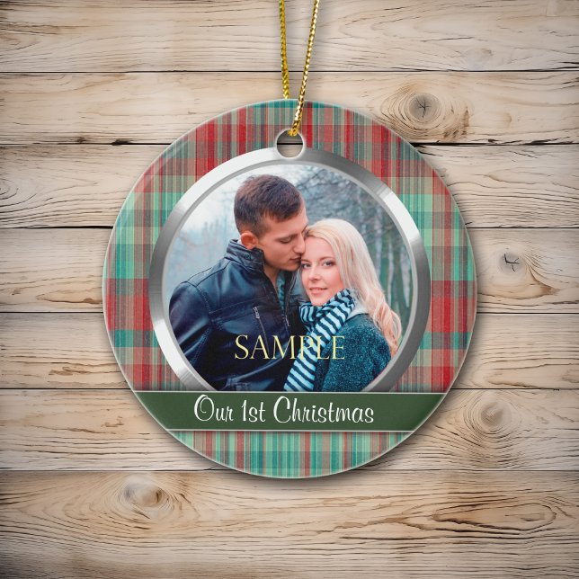 First Christmas Plaid Photo Template Ceramic Ornament (Creator Uploaded)