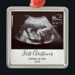 First Christmas Pregnancy Ultrasound Photo Custom Metal Ornament<br><div class="desc">It's always a good time to share this exciting news with your nearest and dearest. Perfect Christmas gift idea for the grandma the rest of the family with an ultrasound photo ornament. Easily add the baby scan photo and a name by clicking the "Personalise" button Customise this unique announcement display,...</div>