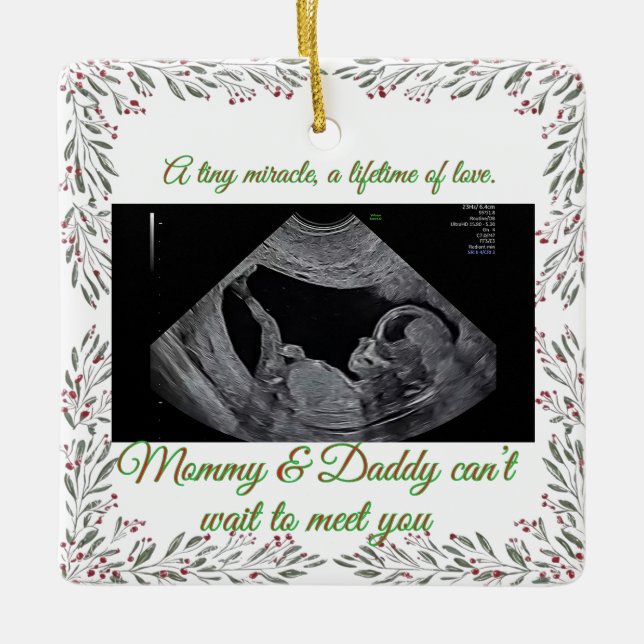 First Christmas Pregnancy Ultrasound Photo Holiday Ceramic Ornament (Front)