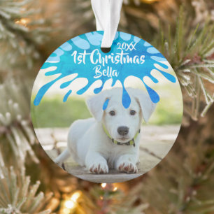 First Christmas Puppy Blue Splash Christmas Photo Ornament