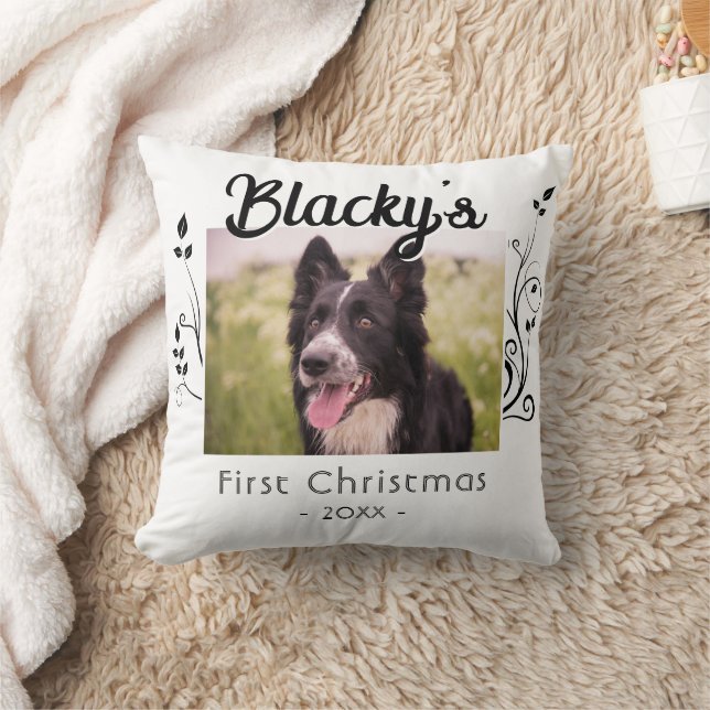 First Christmas Puppy Foliage Red Photo Cushion (Blanket)