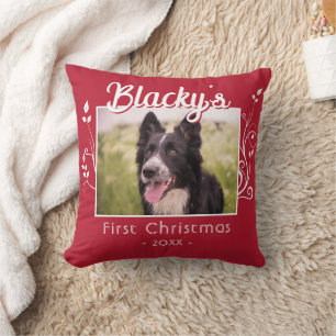 First Christmas Puppy Photo Foliage Red  Cushion