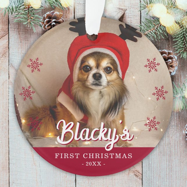 First Christmas Puppy Photo Red Snowflakes Ornament (Creator Uploaded)