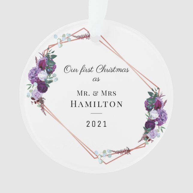 First Christmas Purple Floral Geometric Frame Ornament (Front)