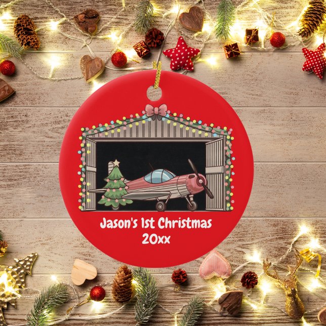 First Christmas Red Aeroplane Tree Hangar Pilot Bo Ceramic Ornament (Creator Uploaded)