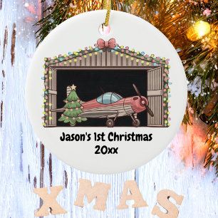First Christmas Red Aeroplane Tree Hangar Pilot Bo Ceramic Ornament