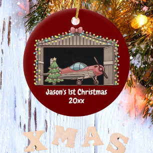 First Christmas Red Aeroplane Tree Hangar Pilot Bo Ceramic Ornament