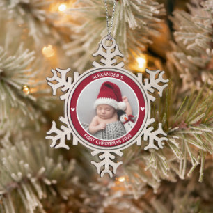 First Christmas Red Baby Photo Personalised Snowflake Pewter Christmas Ornament