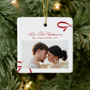 First Christmas Red Bow Mr and Mrs Photo Ceramic Ornament