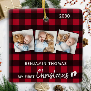 First Christmas Red Buffalo Plaid 3 Photo Baby  Ceramic Ornament