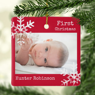 First Christmas Red Custom Photo with Snowflakes Ceramic Ornament