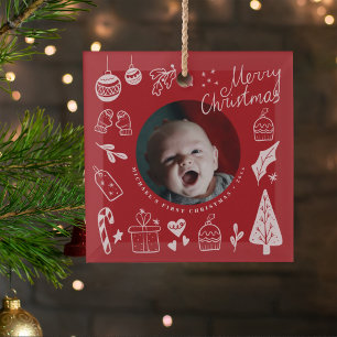 First Christmas Red Cute Hand Drawn Doodles Glass Tree Decoration