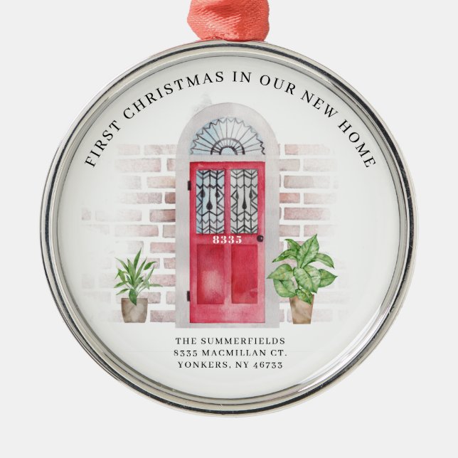 First Christmas Red Door Change Address Keepsake Metal Ornament (Front)