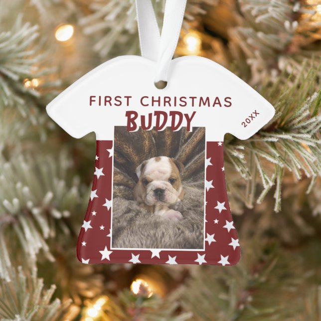 First Christmas Red Star Pattern Puppy Dog Photo  Ornament (Tree)