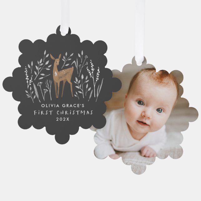 First Christmas reindeer elegant black 1 photo Tree Decoration Card (Front/Back)