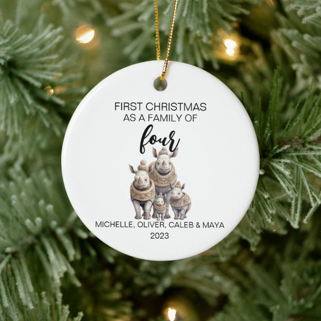 First Christmas Rhino Family of Four Ceramic Ornament (Tree)