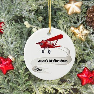 First Christmas Santa Aeroplane Travel Personalise Ceramic Ornament