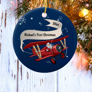 First Christmas Santa Flying Aeroplane Personalise Ceramic Ornament
