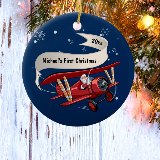 First Christmas Santa Flying Aeroplane Personalise Ceramic Ornament (Creator Uploaded)