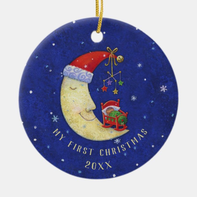 First Christmas Santa Moon w/ Baby Monogram Name Ceramic Ornament (Front)