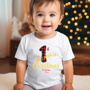 First Christmas Santa Sleigh Buffalo Plaid Name  Baby T-Shirt
