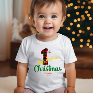 First Christmas Santa Sleigh Buffalo Plaid Name  Baby T-Shirt