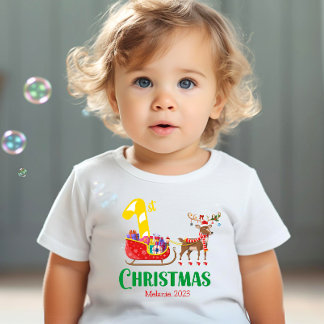 First Christmas Santa Sleigh Reindeer Name Year Baby T-Shirt