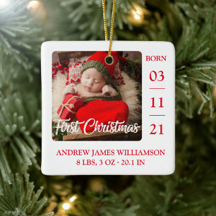 First Christmas Script Baby Birth Stats & Photo Ce Ceramic Ornament