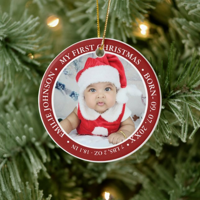 First Christmas Script Baby Birth Stats & Photo Ceramic Ornament (Tree)