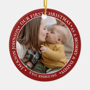 First Christmas Script Baby Birth Stats & Photo Ceramic Ornament