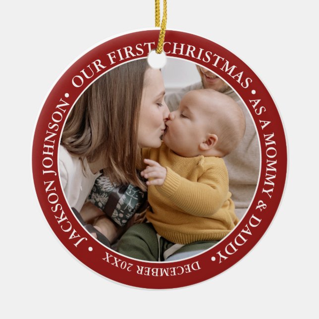 First Christmas Script Baby Birth Stats & Photo Ceramic Ornament (Front)