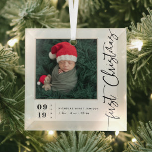 First Christmas Script Baby Birth Stats & Photo Glass Tree Decoration