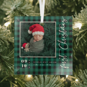 First Christmas Script Baby Birth Stats & Photo  Glass Tree Decoration