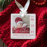 First Christmas Script Baby Birth Stats & Photo Glass Tree Decoration<br><div class="desc">Announce and welcome the arrival of your new baby with our simple and modern baby photo birth announcement baby's first Christmas glass ornament. The design features a single photo layout to display your new baby's photo. "First Christmas" is displayed in a modern white calligraphy overlay with the date of birth...</div>