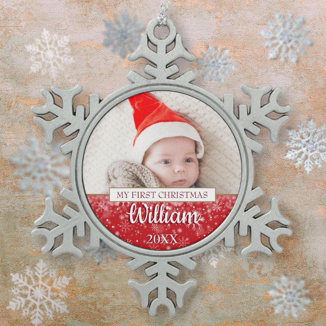 First Christmas Script Baby Photo  Snowflake Pewter Christmas Ornament (First Christmas Script Baby Photo Snowflake Pewter Christmas Ornament)