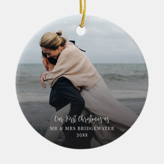First Christmas Script Couples Photo Minimalist Ceramic Ornament (Front)