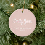 First Christmas Simple Baby Blush Personalised Ceramic Ornament<br><div class="desc">Celebrate a little one’s first holiday season with this charming keepsake ornament, featuring a soft blush background and elegant white script. Perfectly customisable with a name and year, this sweet and minimalist ornament makes a heartfelt addition to your Christmas tree and a treasured memory for years to come. A thoughtful...</div>