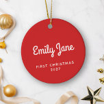 First Christmas Simple Cute Red Personalised Name Ceramic Ornament<br><div class="desc">Celebrate a special milestone with this First Christmas ornament, featuring a simple and cute design in festive red. Personalised with a name, this ceramic ornament is the perfect keepsake to commemorate a baby's first Christmas or a newlywed couple’s holiday together. Its minimalist charm adds a sweet and timeless touch to...</div>